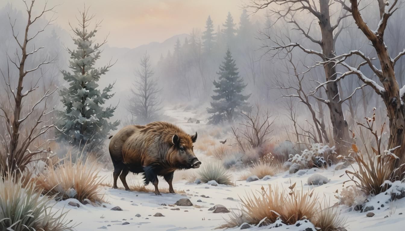 Boar in Snowy Landscape Watercolor Painting