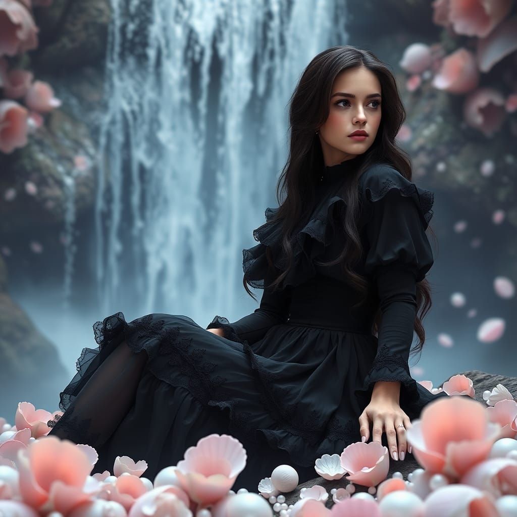 Woman in Black Dress at Fantasy Waterfall