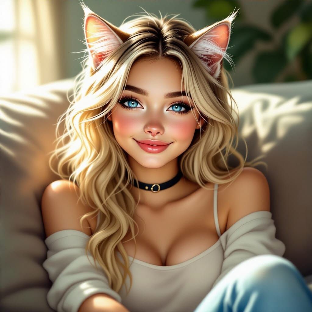 Hybrid Cat-Woman Lounging on Couch in Warm Light