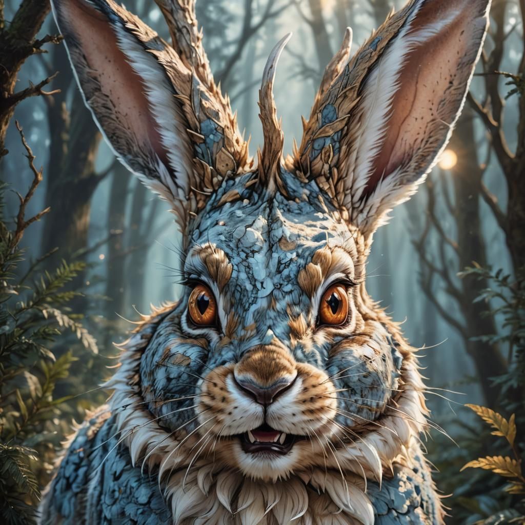Fantasy Horned Rabbit Portrait with Fangs