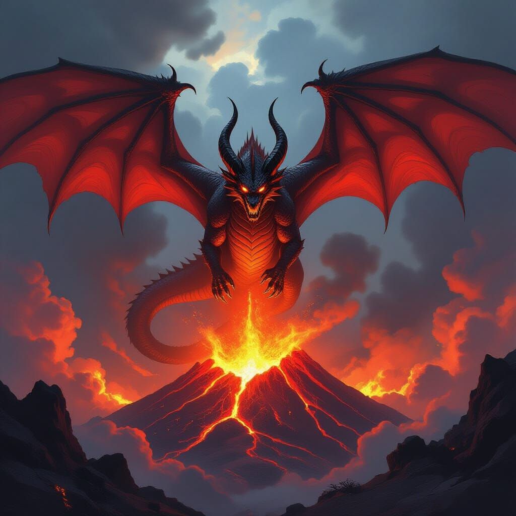 Red Dragon Over Volcano in Epic Fantasy Style