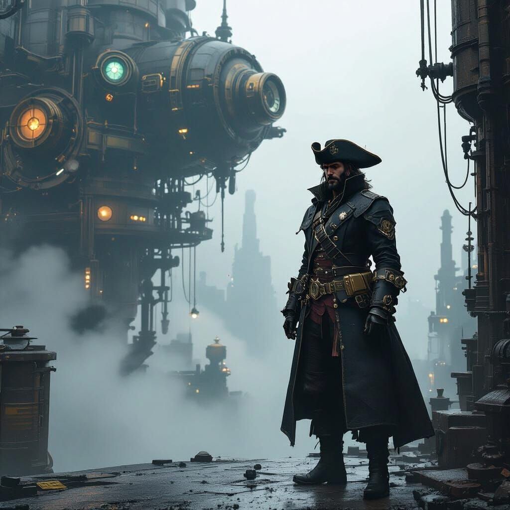 Steampunk Pirate in Dystopian Future Metropolis