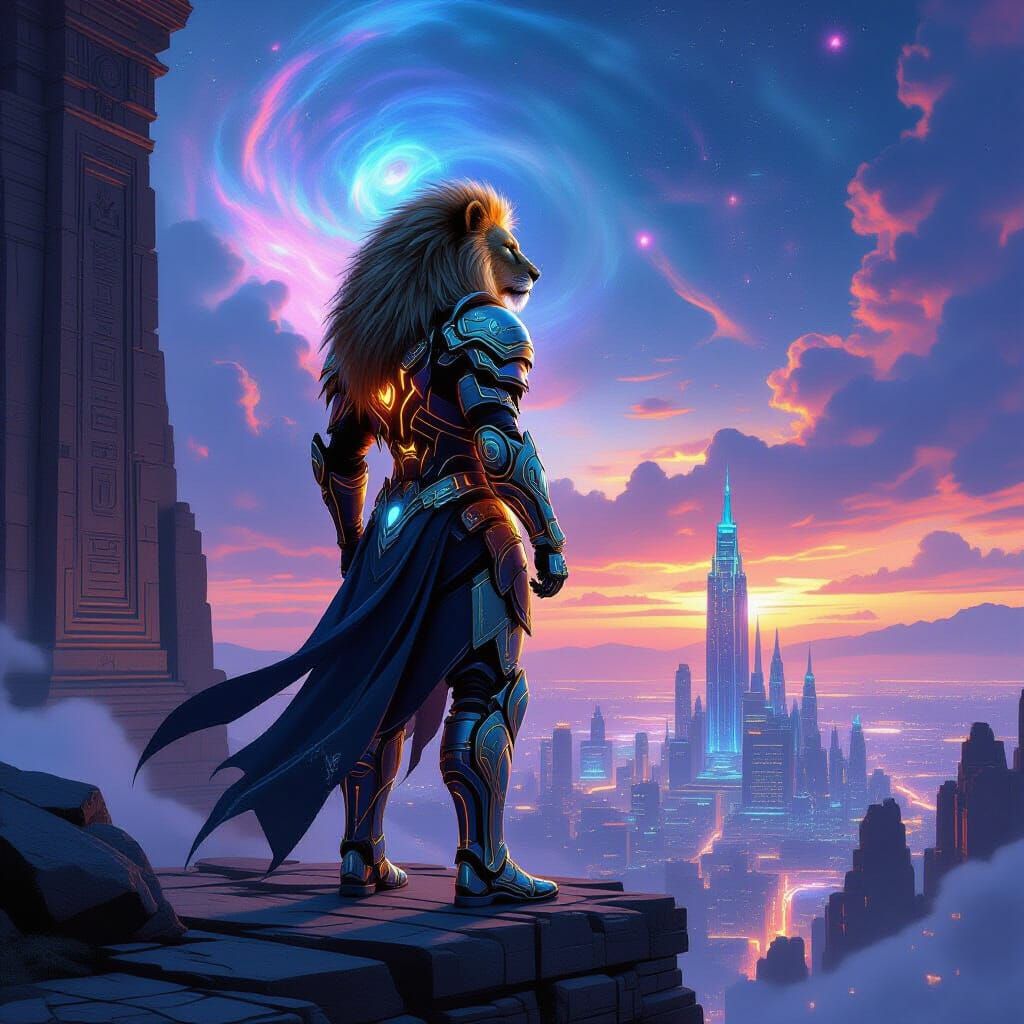 Lion-Eared Warrior in Cybernetic Armor Overlooking Neon City
