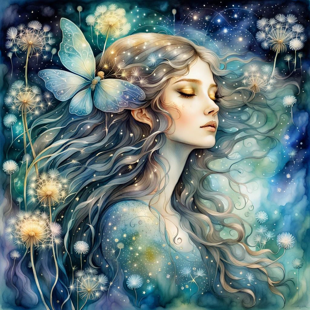 Dreamy Fairy in Cosmic Watercolor Landscape