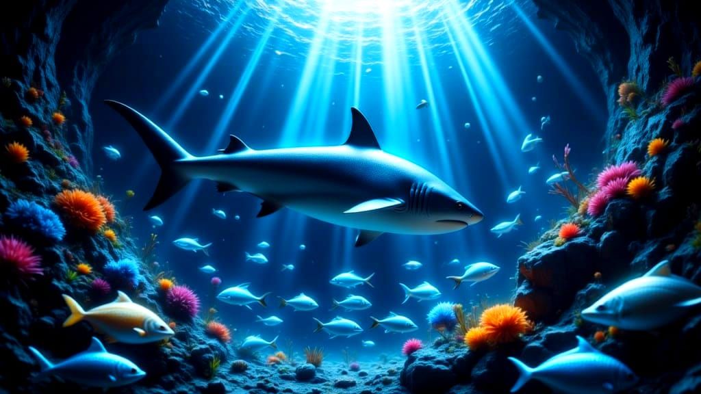 Shark Hunts School of Fish in Dramatic Underwater Scene