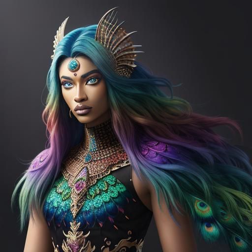 Cosmic Woman with Dragon Scales in Mixed Media Style