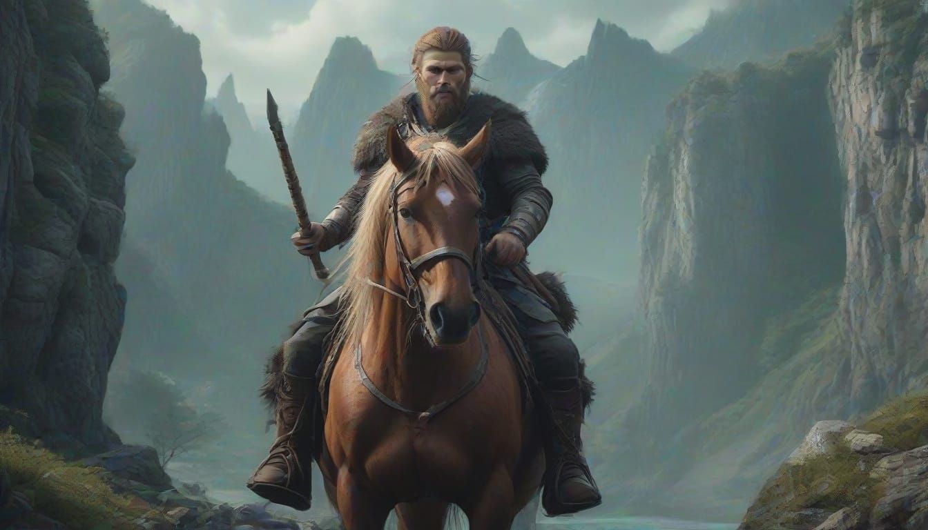 Strong Viking Warrior Rides Horse to Cliff's Edge
