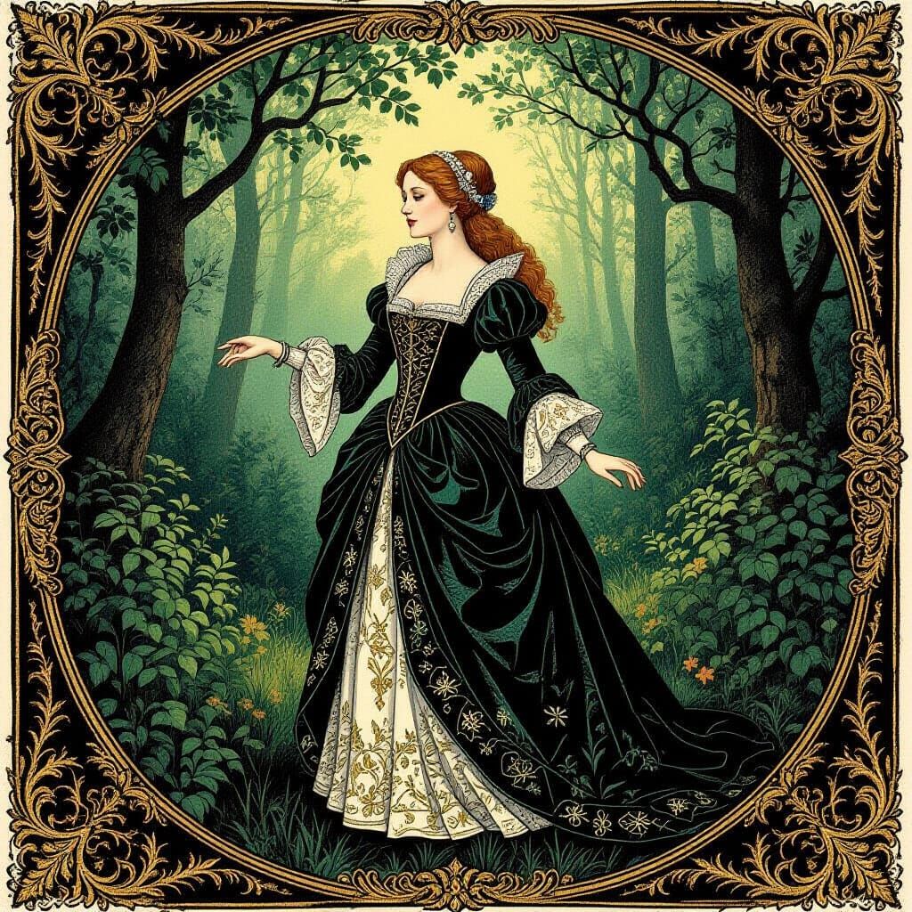 Renaissance Woman in Mystical Forest, Holzschnitt Style