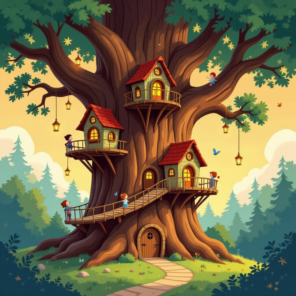 Whimsical Treehouse Village in Giant Redwood, Storybook Char...
