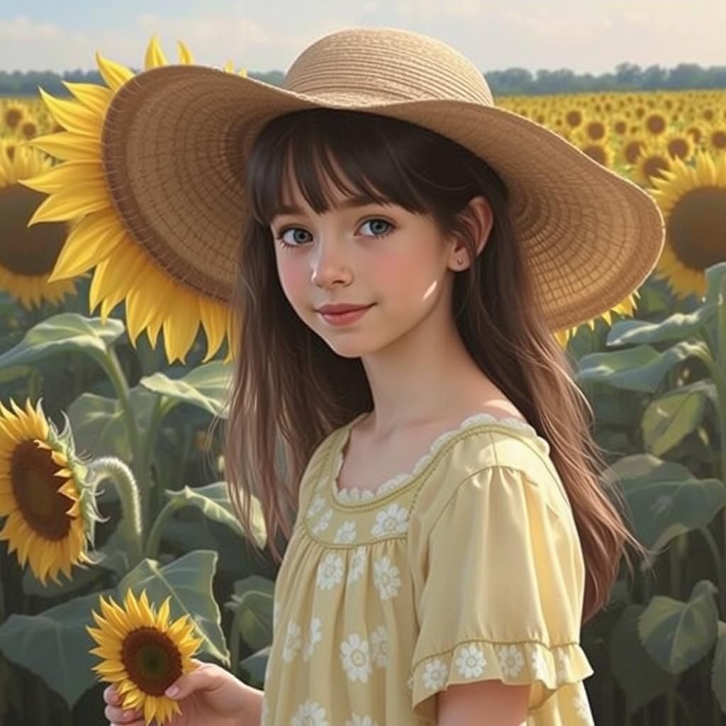 Girl in Sunflower Field: Whimsical Watercolor Art