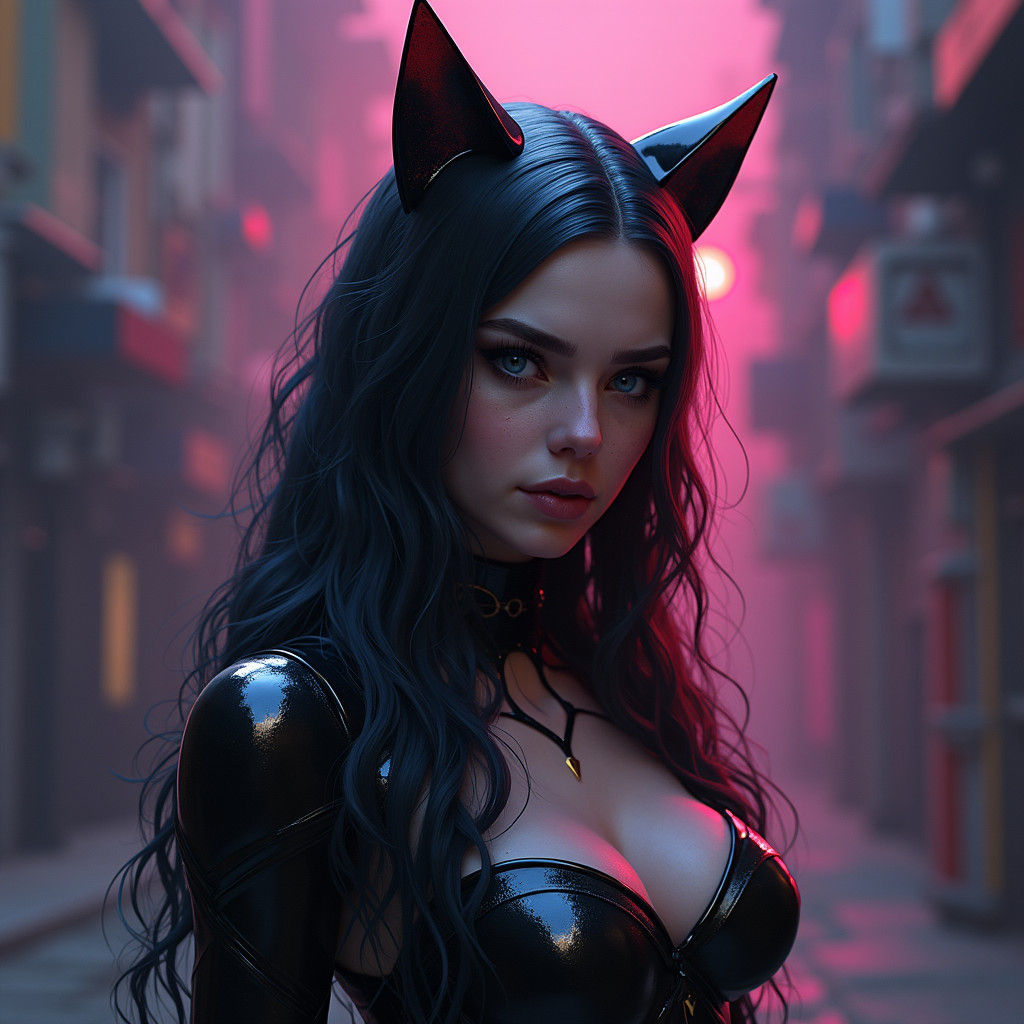 Woman in Latex Catsuit: Detailed Matte Painting