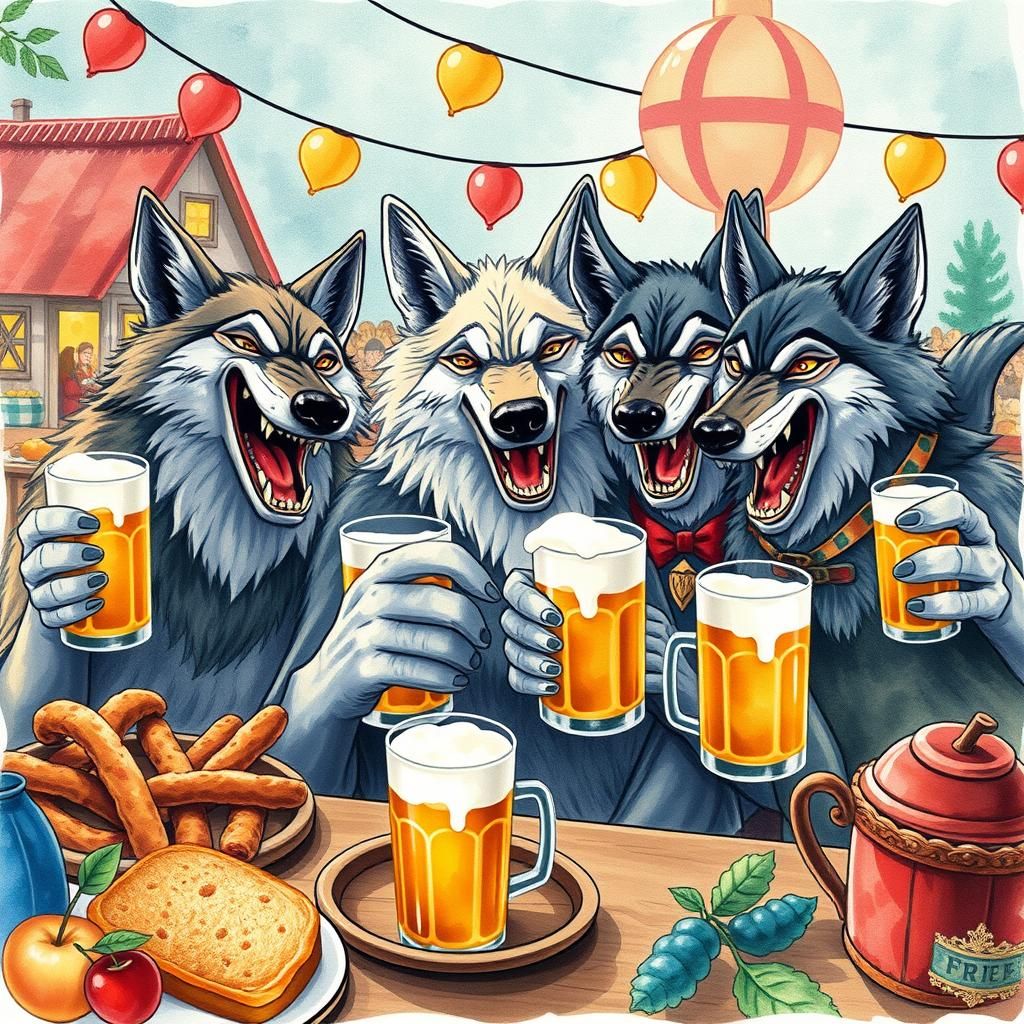 Oktoberfest Werewolves in Vibrant Folk Art Style