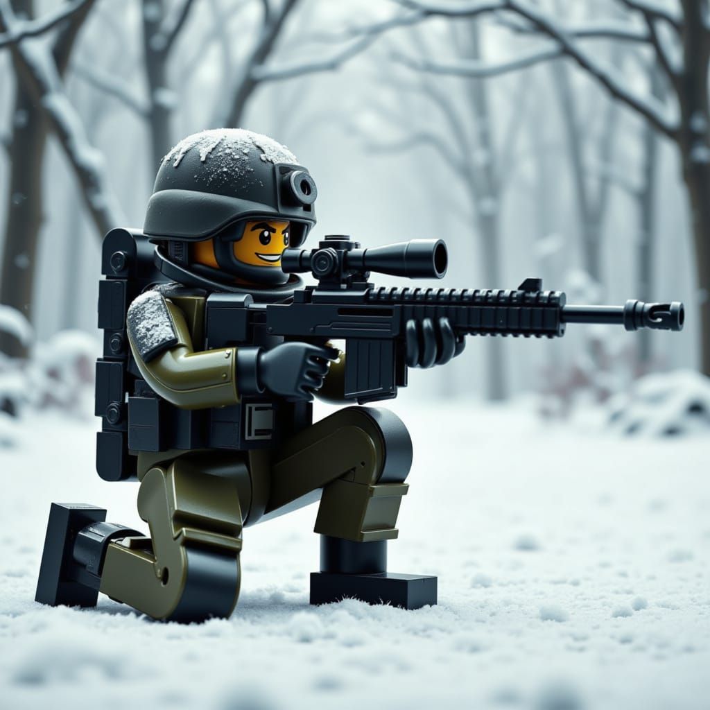 Lego Sniper in Snowstorm, Storybook Illustration