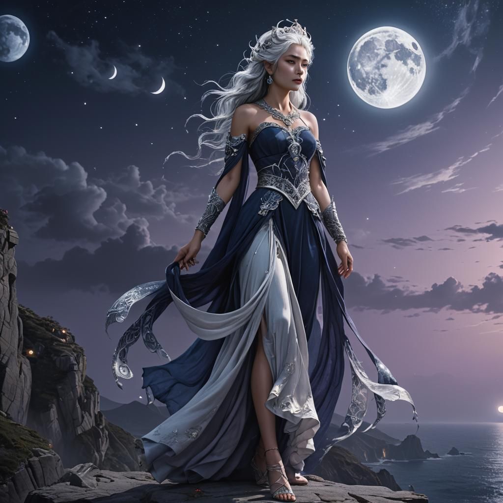Moon Goddess Overlooking Ocean in Detailed Matte Painting