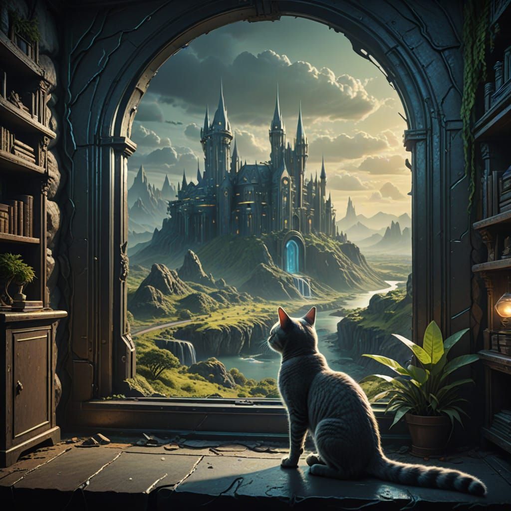 Chartreux Cat Contemplates Futuristic Cityscape in Victorian...