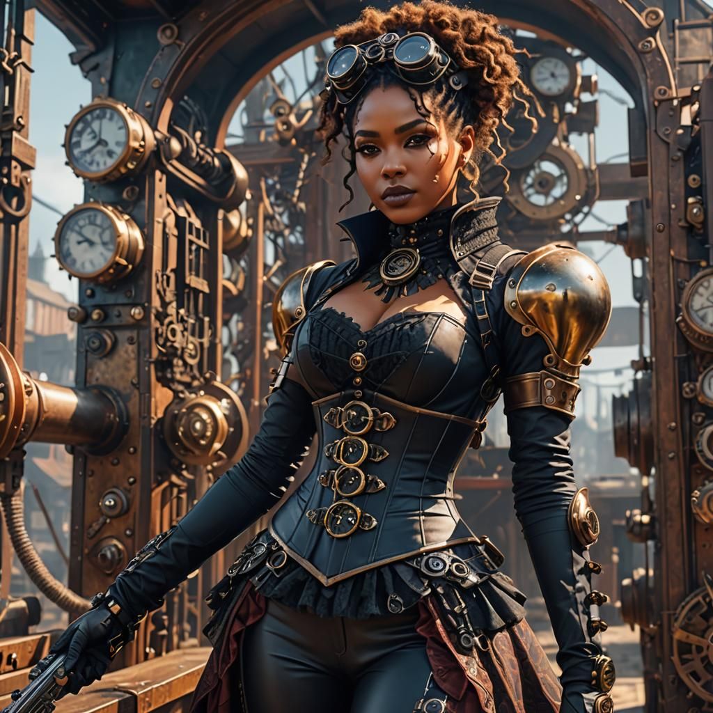 Steampunk Girl with Gun in Afrofuturist Style
