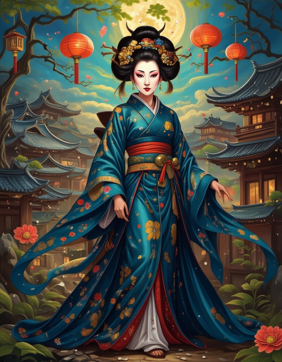 Female Samurai in Comic Style with Cherry Blossoms