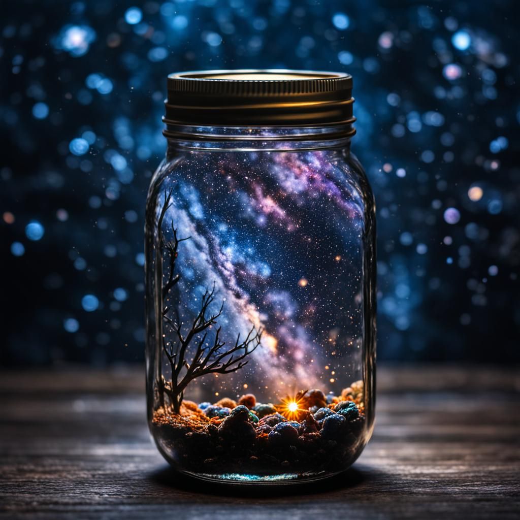 Micro Galaxy in Mason Jar: Hyperrealistic Digital Art