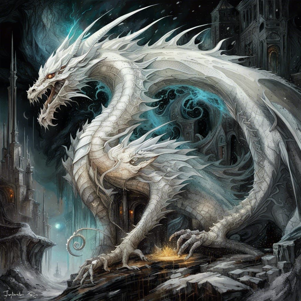 Eerie White Dragon Guards Graveyard in Dark Fantasy