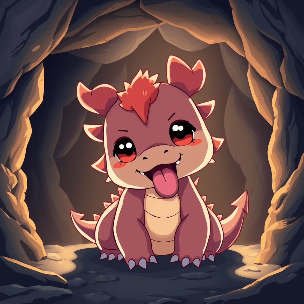 Cute Chibi Dragon in Mystical Cave, Anime Style