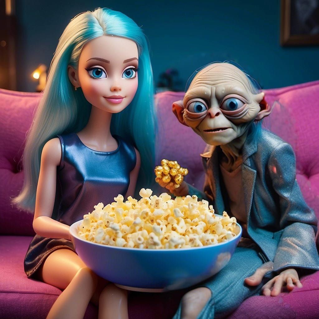 Gollum and Barbie watching The Lord of the Rings trilogy