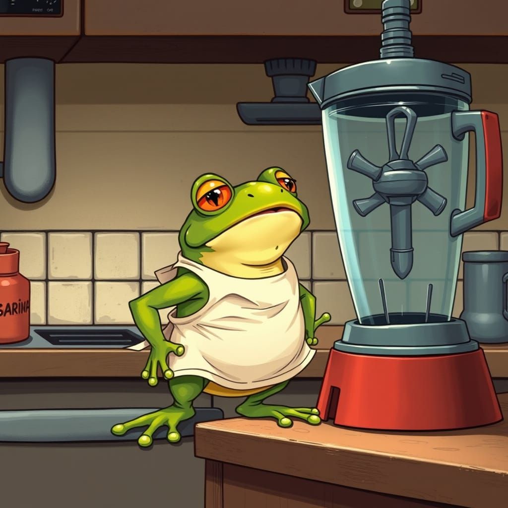 Frightened Frog and Menacing Blender, Detailed Illustration