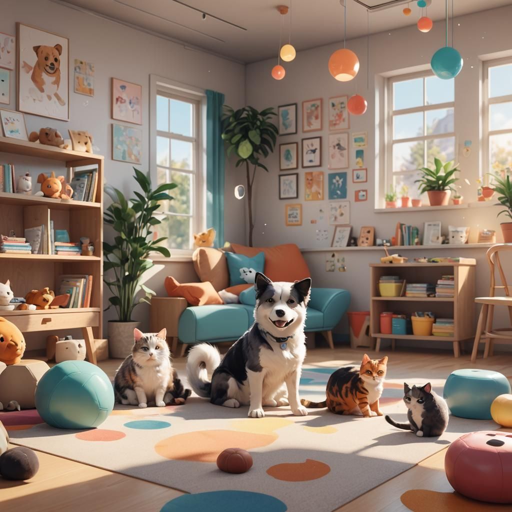 Dog and Cat Playdate in Anime Style Daycare