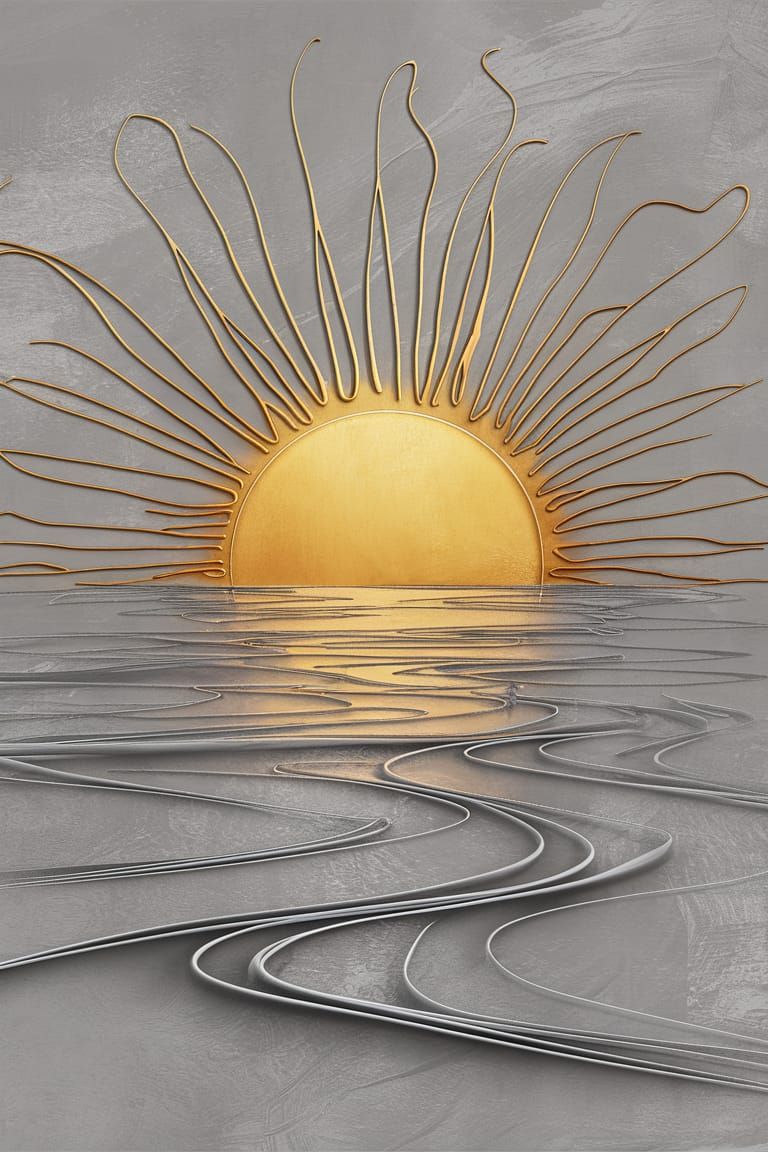 Abstract Line Art: Golden Sun Rising Over Water