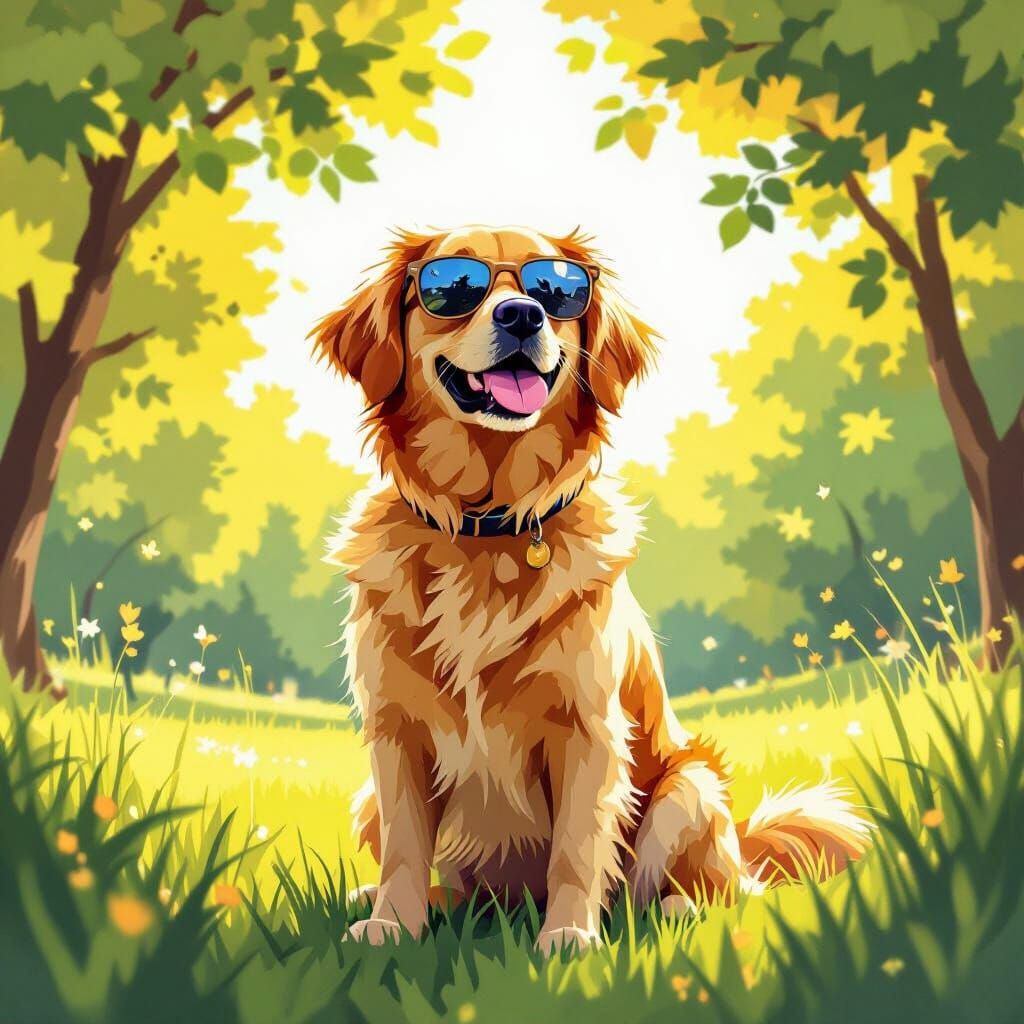 Golden Retriever Dog in Sunglasses in Sunny Park