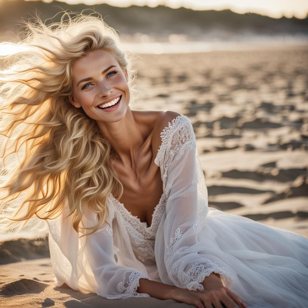 Sensual Blonde Woman on Beach with Blue Eyes