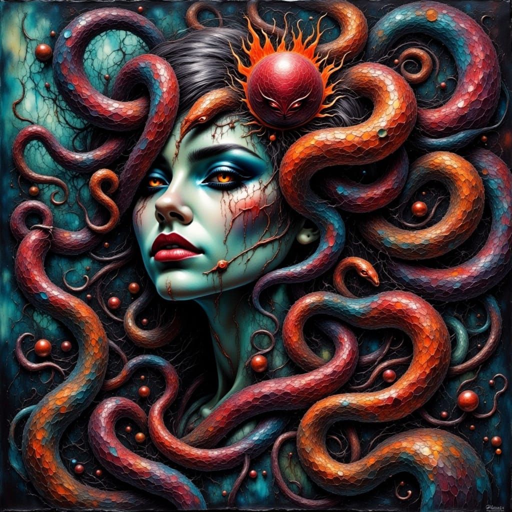 Ethereal Dark Fantasy Medusa in Impressionist Impasto Style