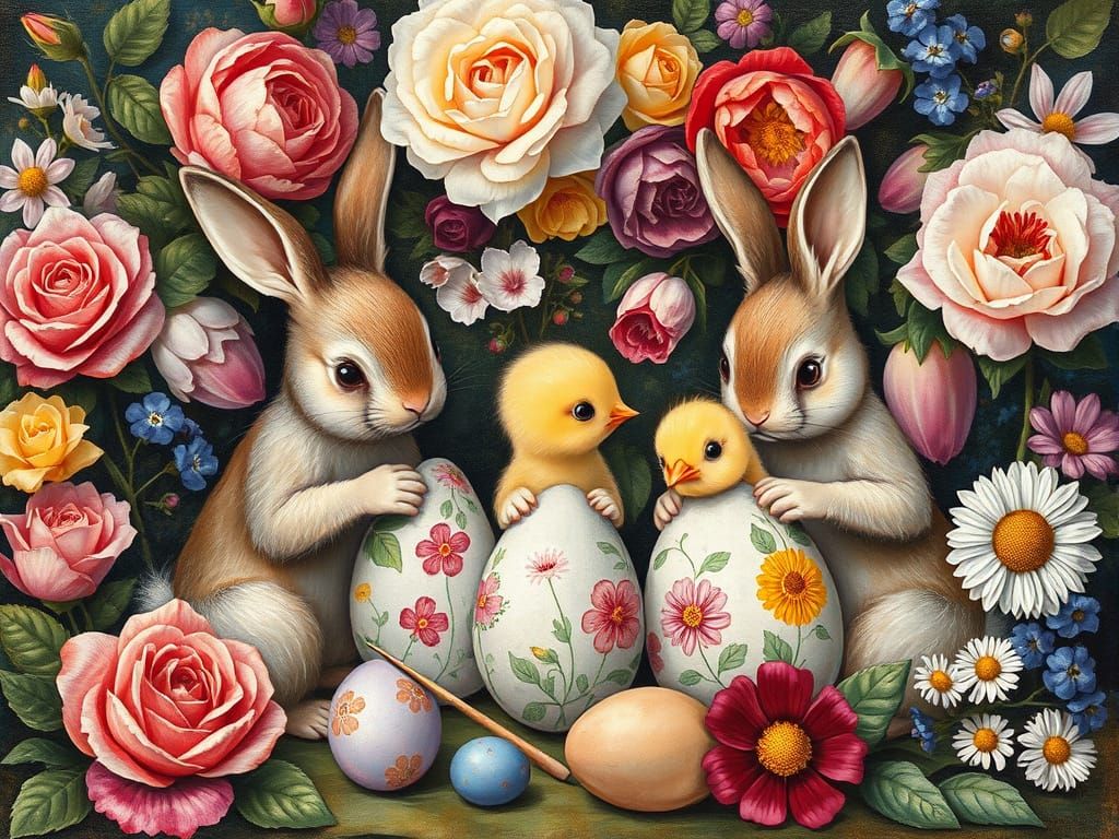 Whimsical Easter Scene in Renaissance Gouache Style
