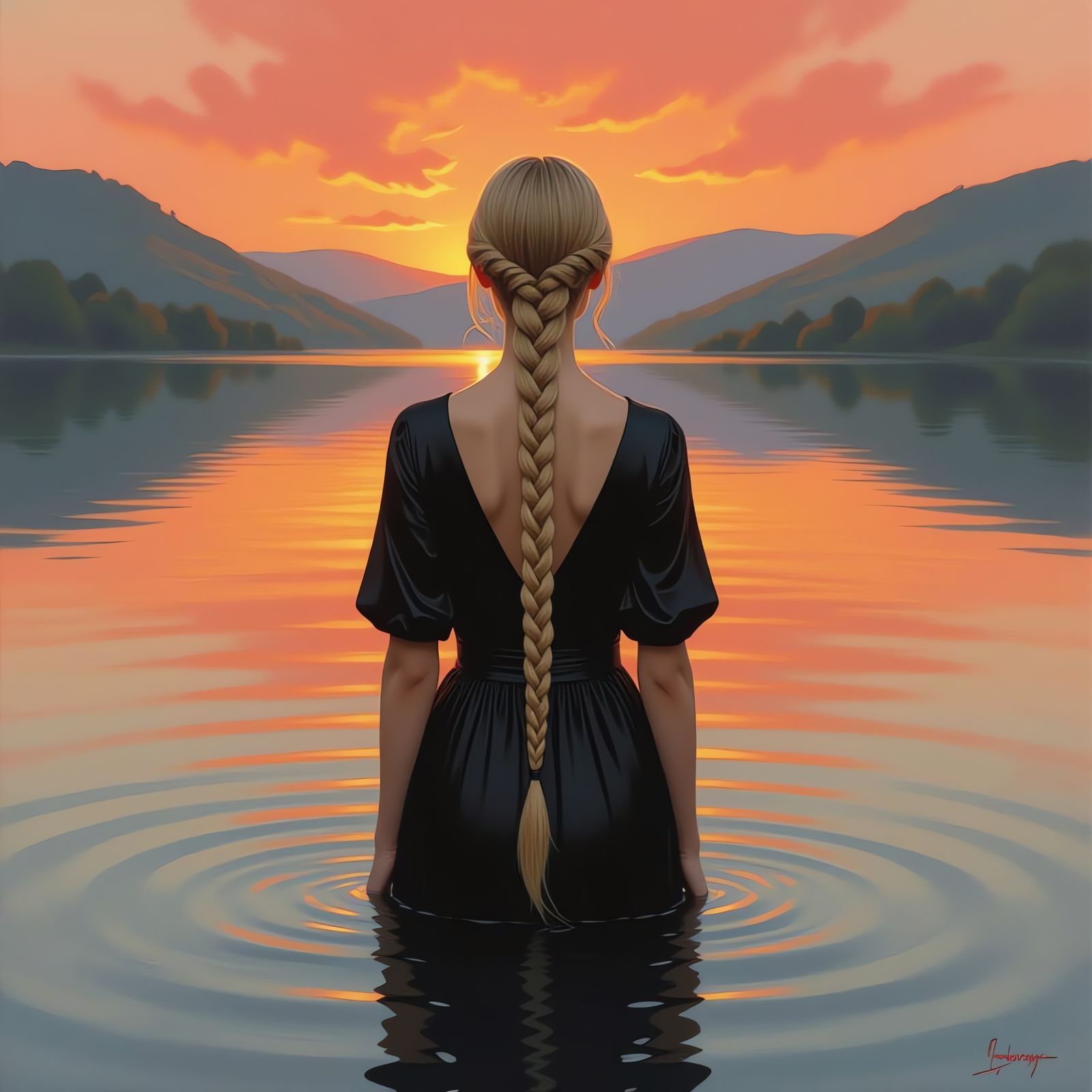 Woman in Black Silk Dress Gazing at Evening Landscape