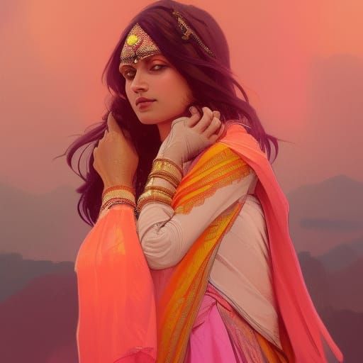 Indian Woman in Pink Dress, Mucha-Style Concept Art