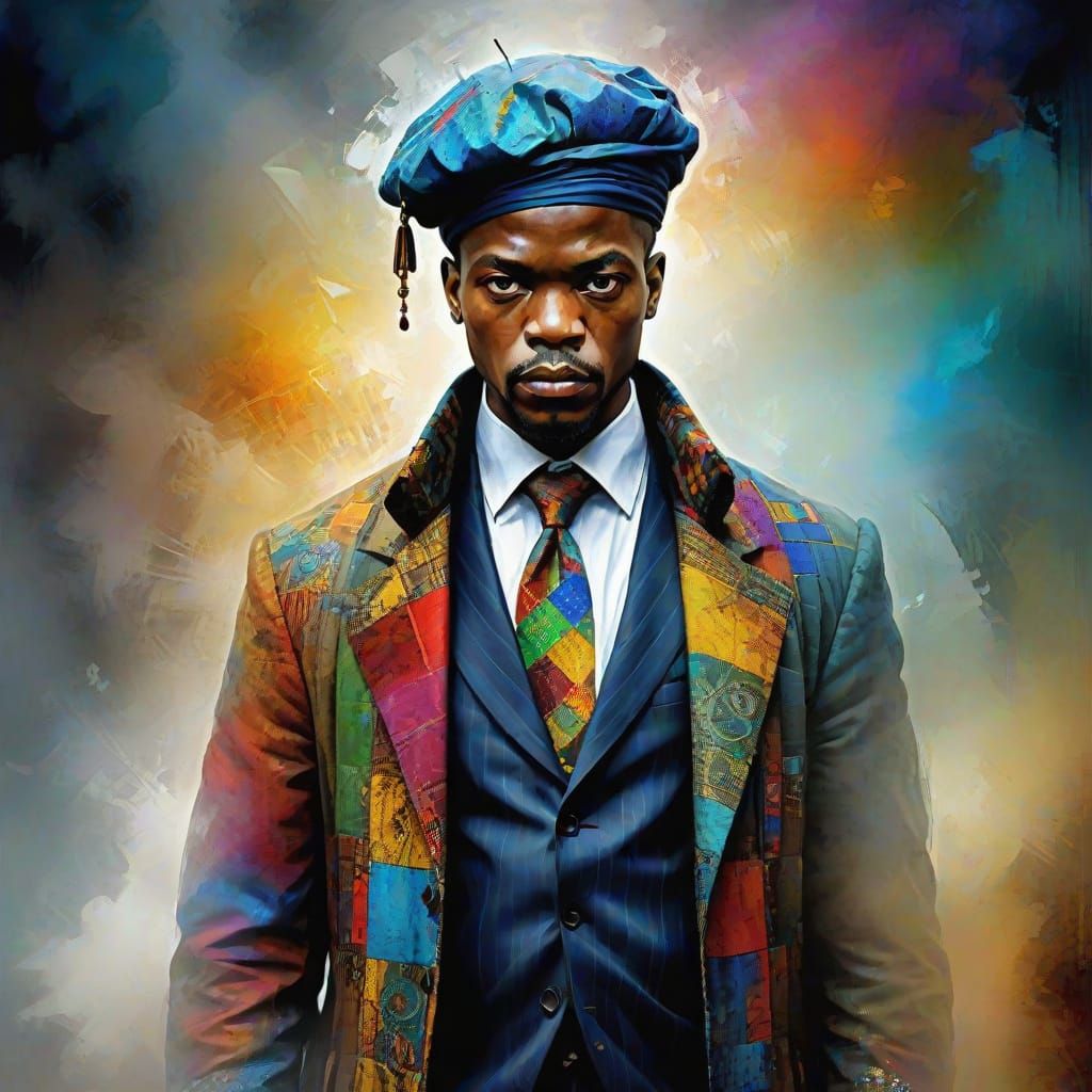 African Alchemist at Misty Crossroads in Impressionistic Sty...