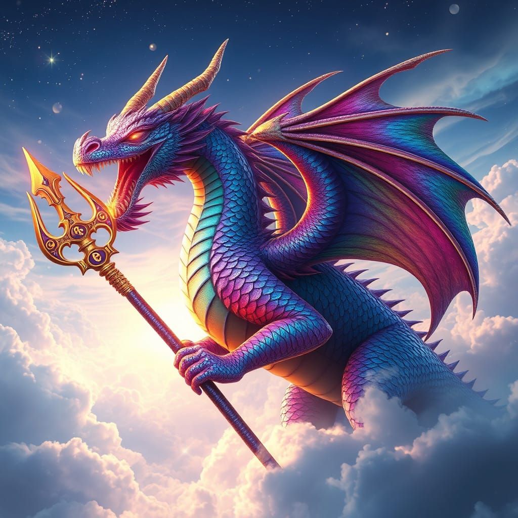 Ethereal Rainbow Dragon Holds Ancient Trident in Heavenly Re...