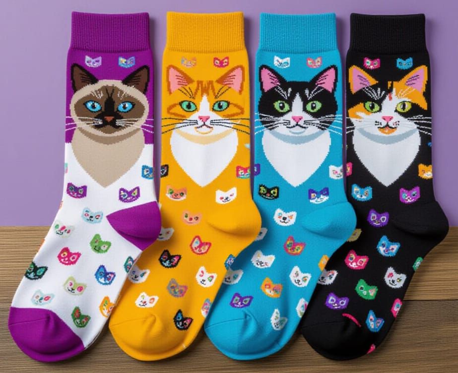 Cute Cat Pattern Socks on Wooden Table