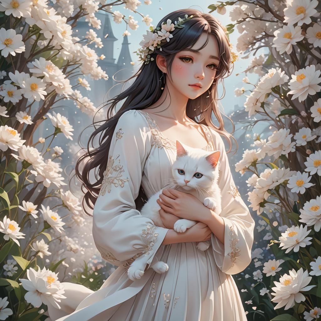 Anime Girl with Cat in Pastel Flower Garden
