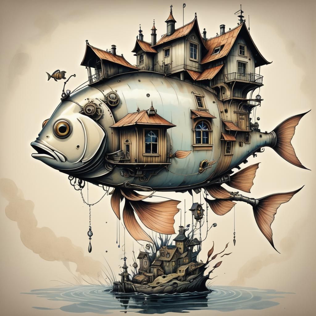 Fish House: Steampunk Pop Surrealism Ink Drawing