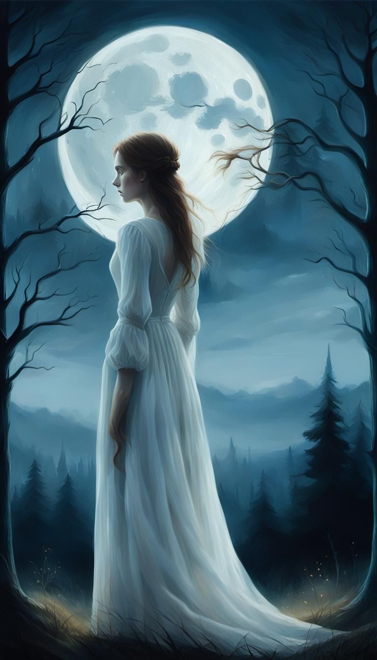 Sad Girl Under Moonlight: Oil Painting Style