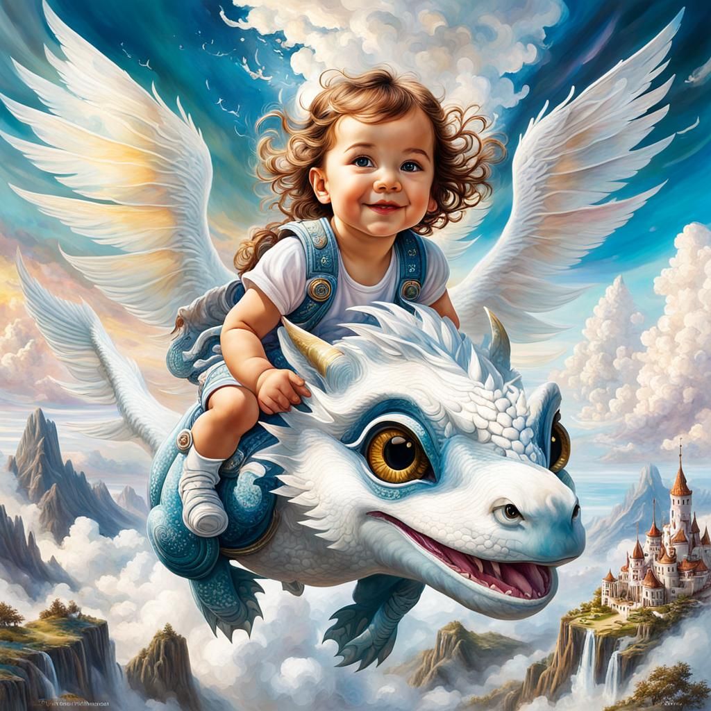 Toddler Dragon Rider in a Fantasy Landscape