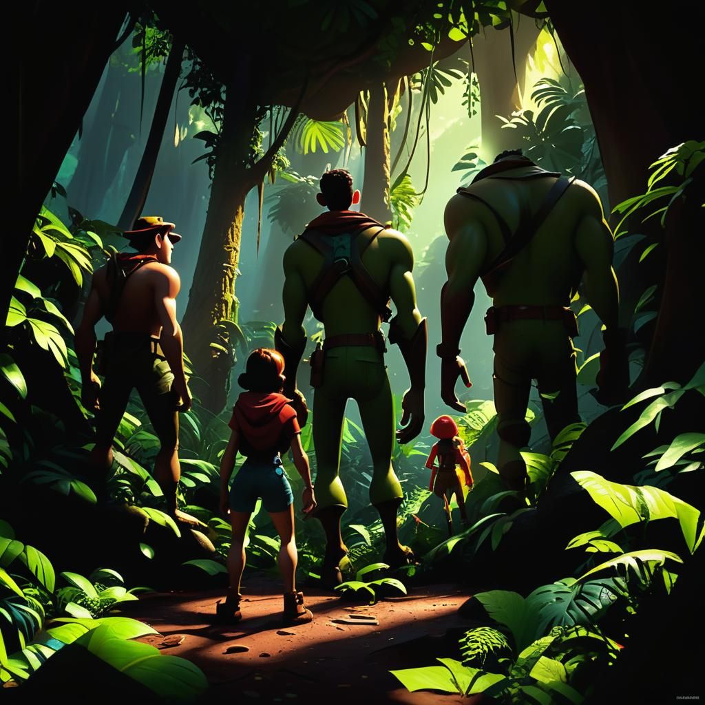 Adventurers in Jungle, Pixar-Style 3D Render