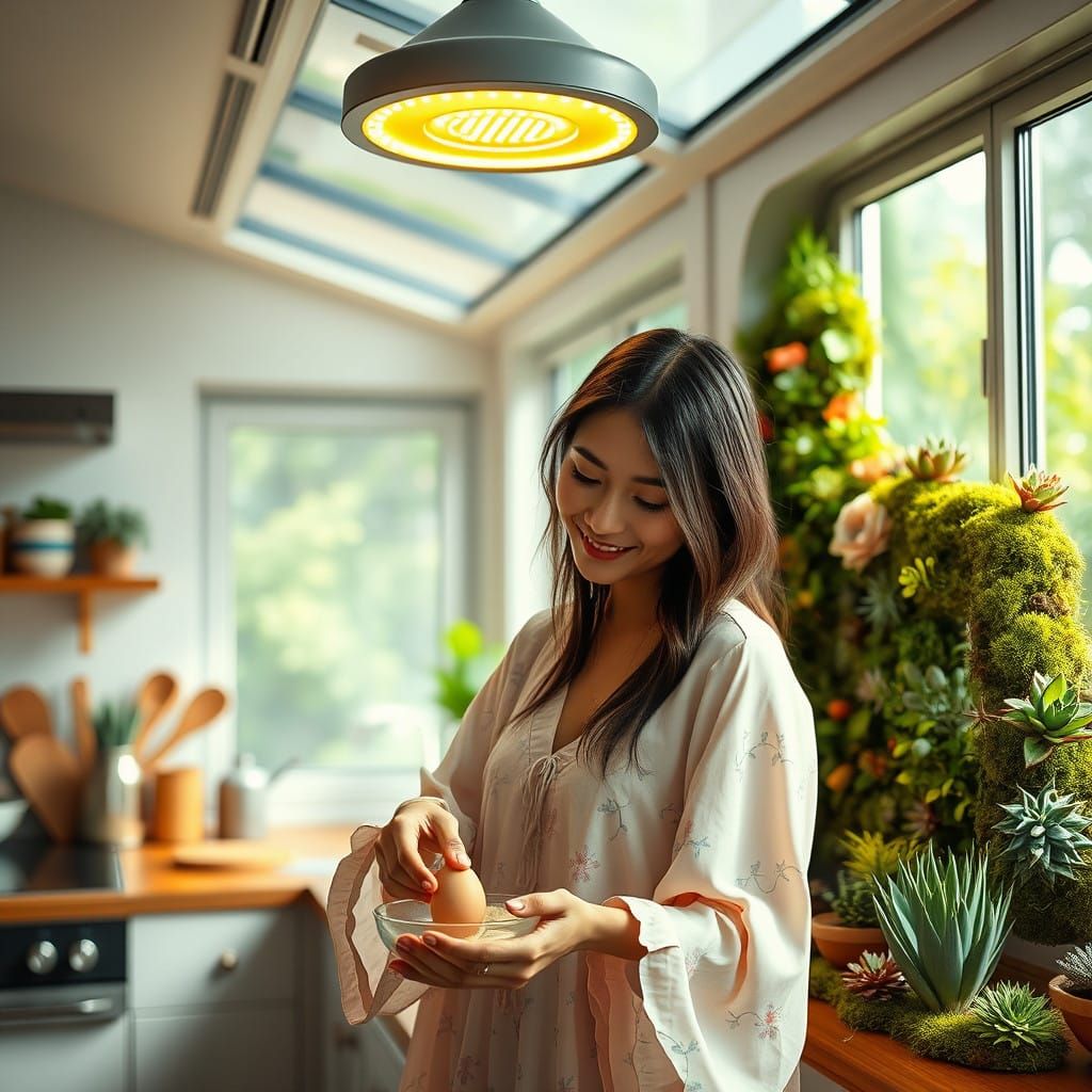 Serenely Smiling Solarpunk Tradwife in Eco-Friendly Kitchen