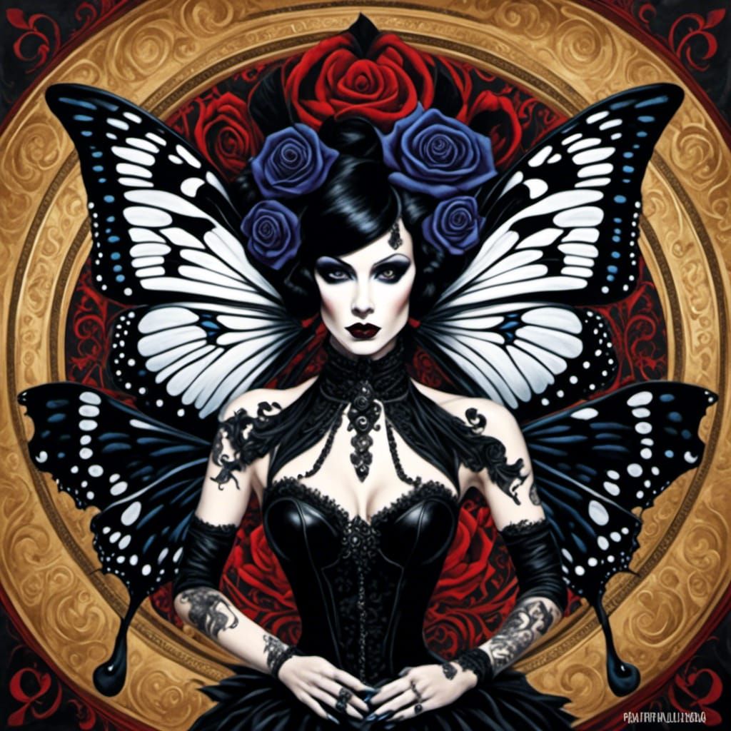 Gothic Butterfly Burlesque Performer in Dark Aesthetic