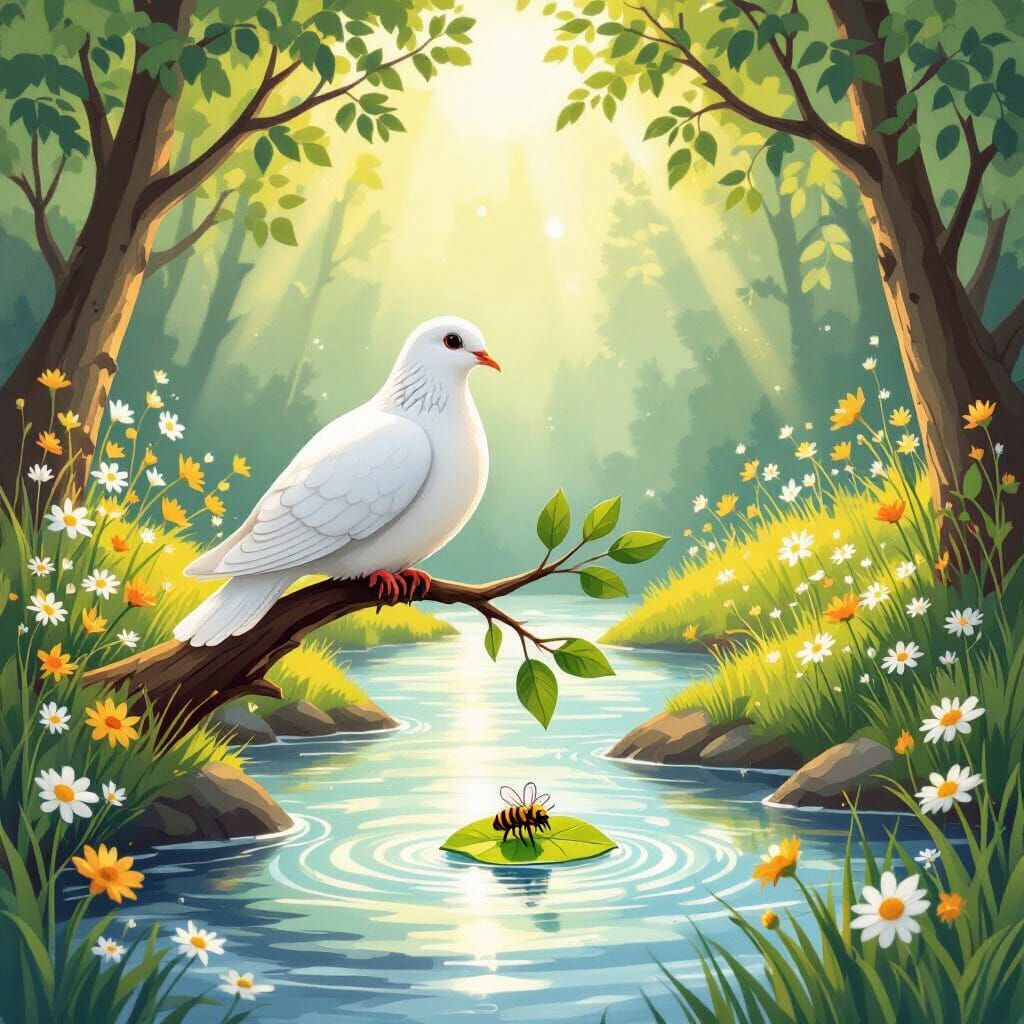 Gentle Dove and Bee in Sunlit Forest Illustration
