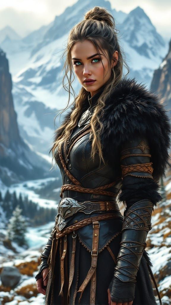 Regal Female Warrior in Cyberpunk-Style Armor Stands as Guar...