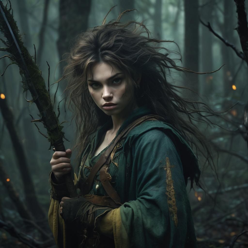 Fierce Feral Warrior in Dark, Mysterious Forest