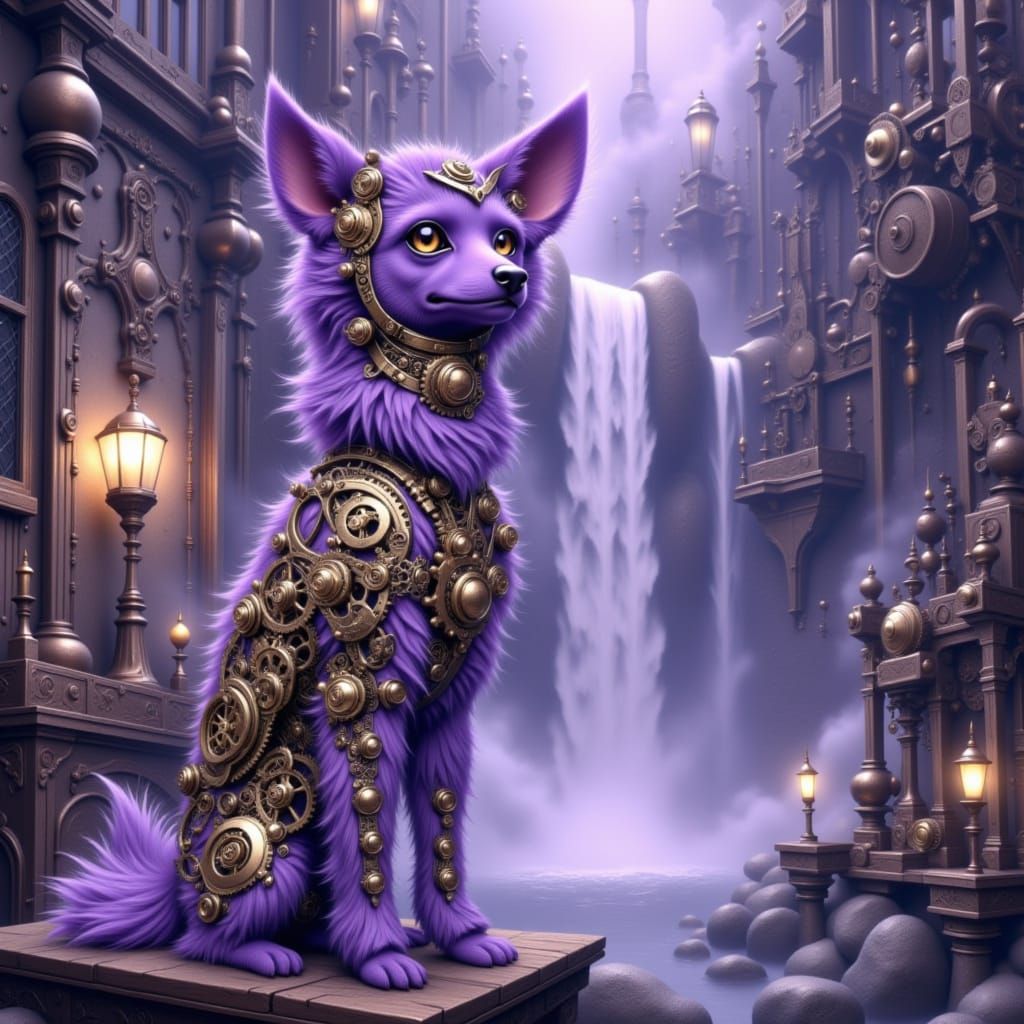 <lora:Steampunk and more:1.0> A violet Dog with mechanical g...