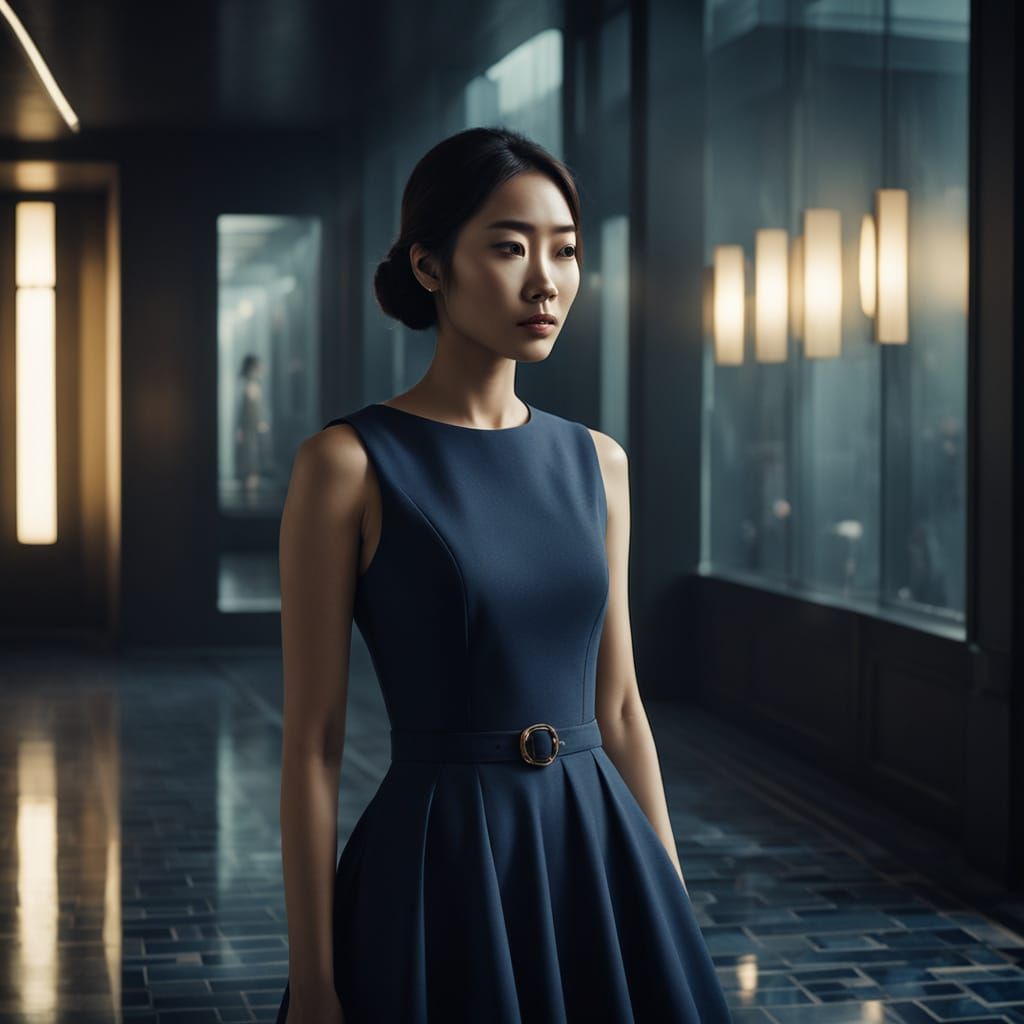 Elegant Woman in a Modern Lobby