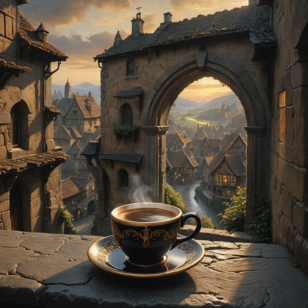 Coffee Overlooking Medieval Village at Dawn